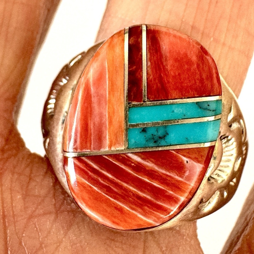 Navajo Mens Ring Turquoise Orange Spiny Oyster Sz 12.5 Signed PLL Sterling USA
